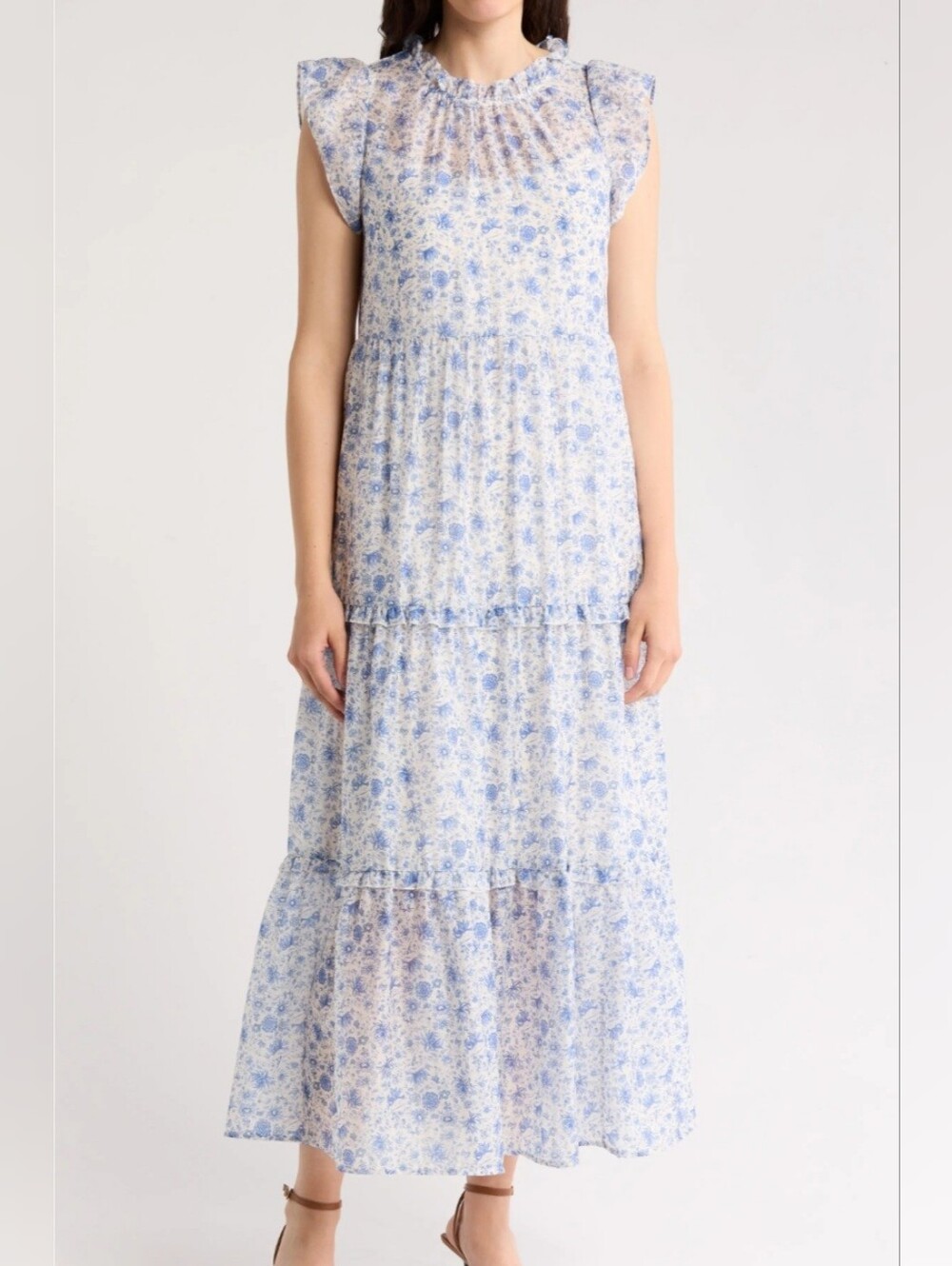 MELLODAY Blue and White Floral Ruffle Maxi Dress